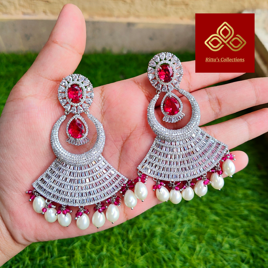 Red American Diamond Earrings with Pearls