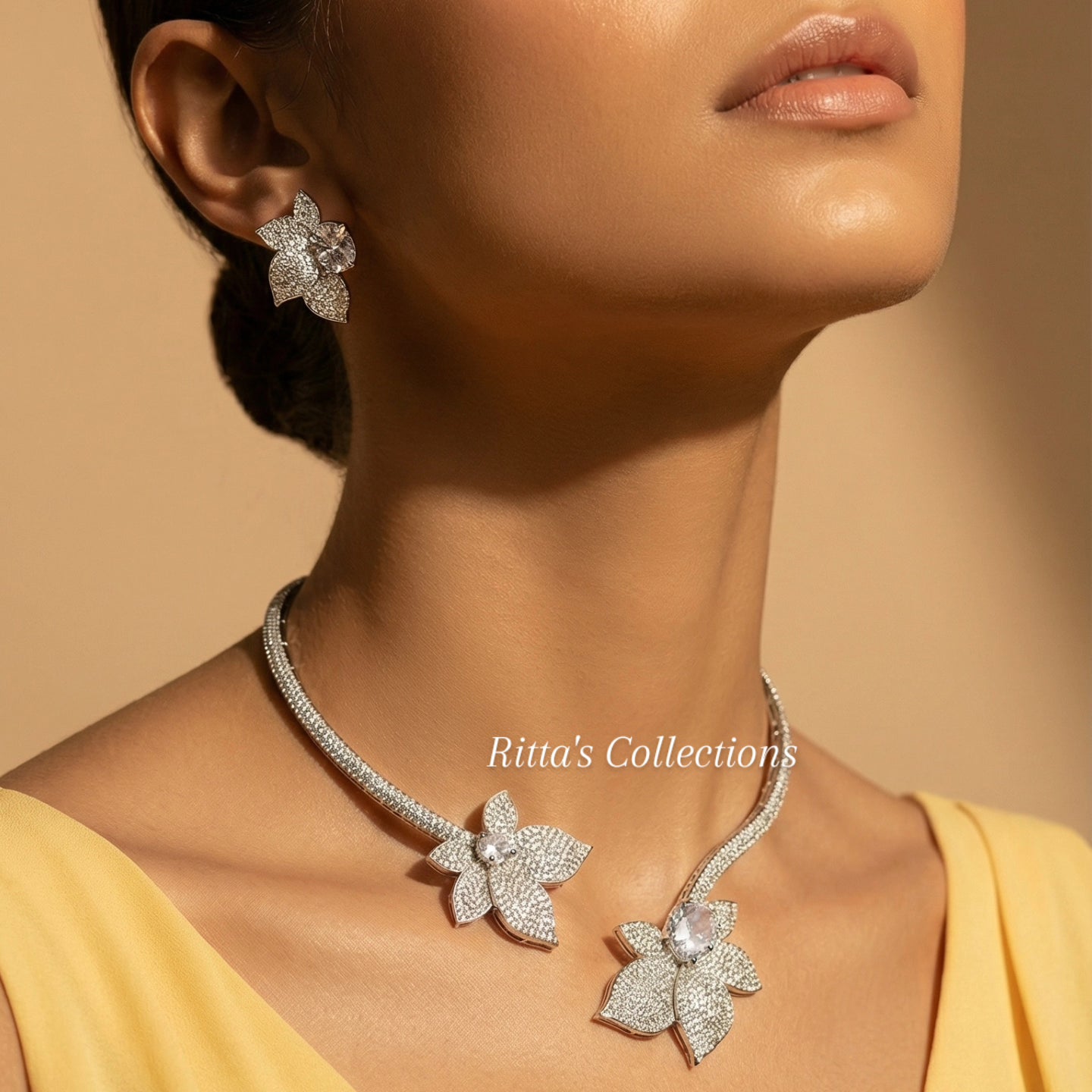 Ritta's Collection's Designer American Diamond Hasli Necklace with Earrings