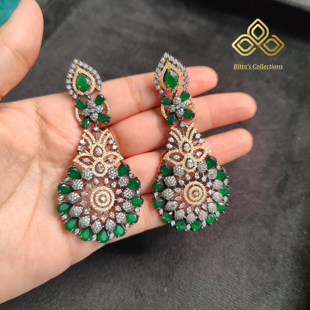 Emerald Green Earrings with Dual Tone Victorian Polish