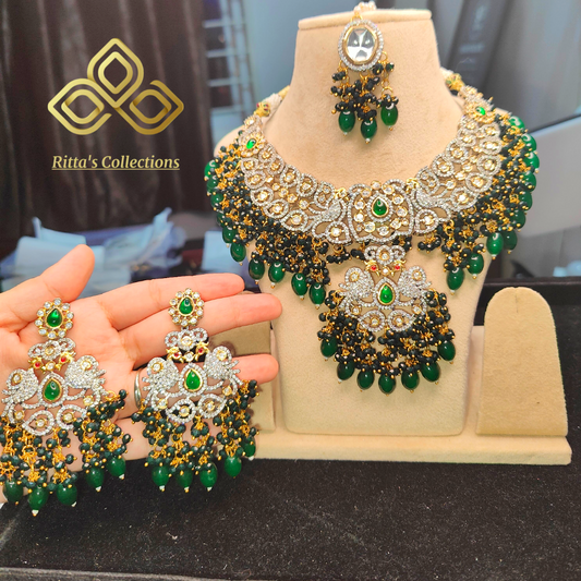 Green AD Kundan Necklace With Earrings and Maangtikka, Ethnic Jewellery
