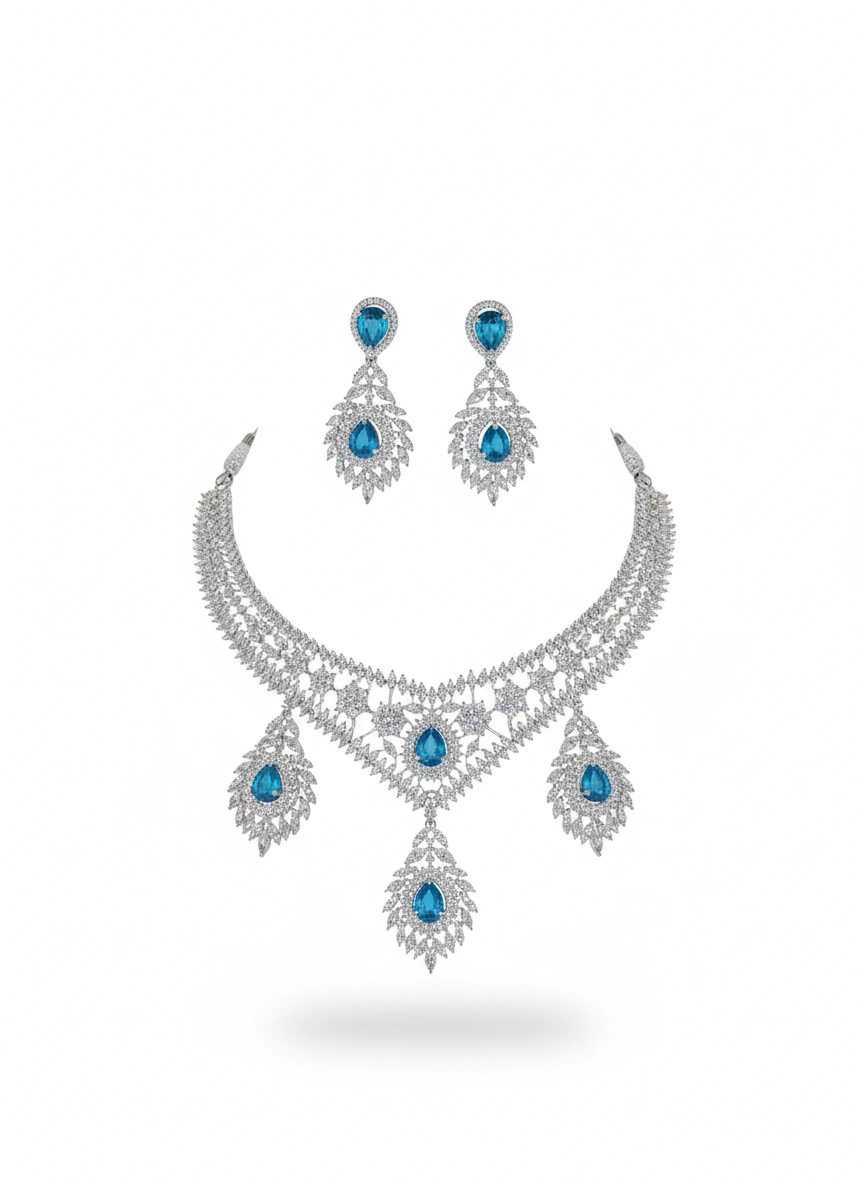 Aqua Blue American Diamond Necklace with Earrings