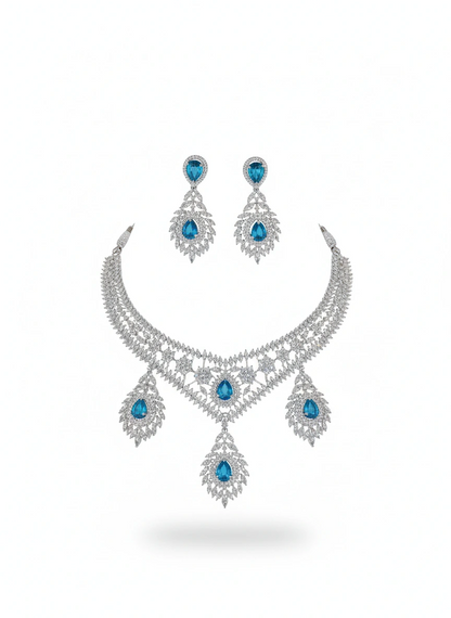 Aqua Blue American Diamond Necklace with Earrings