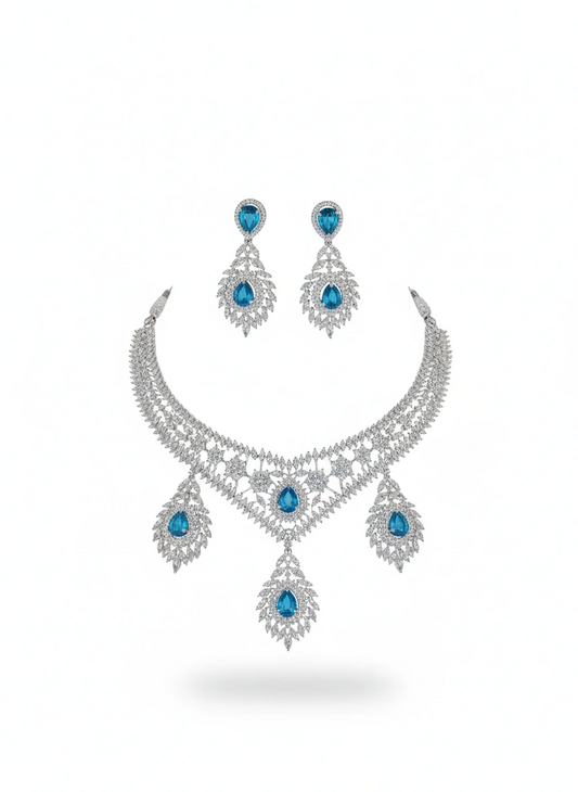 Aqua Blue American Diamond Necklace with Earrings