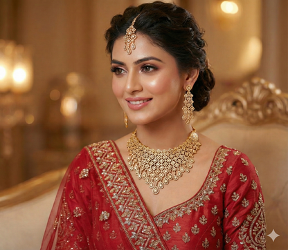 Golden Polish American Diamond Choker with Earrings and Maangtikka