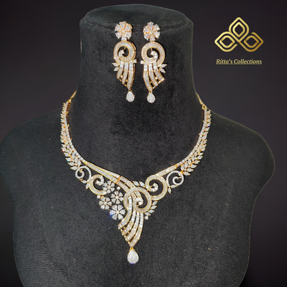 Premium Golden Polish American Diamond Necklace with Earrings
