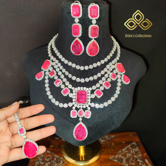 Pink American Diamond Necklace with Earrings and Maangtikka, swipe for video