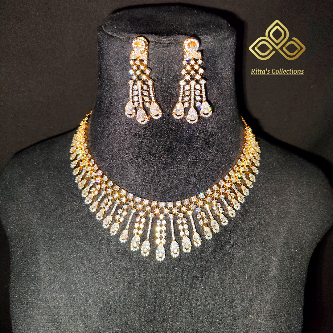 Gold Polish American Diamond Necklace with Earrings