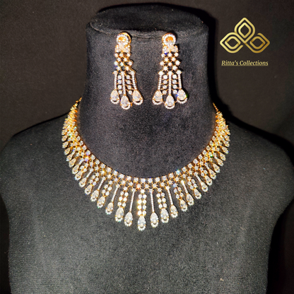 Gold Polish American Diamond Necklace with Earrings
