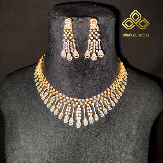 Gold Polish American Diamond Necklace with Earrings
