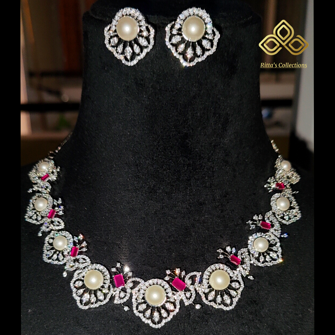 Ruby Pink Pearl American Diamond Necklace with Earrings