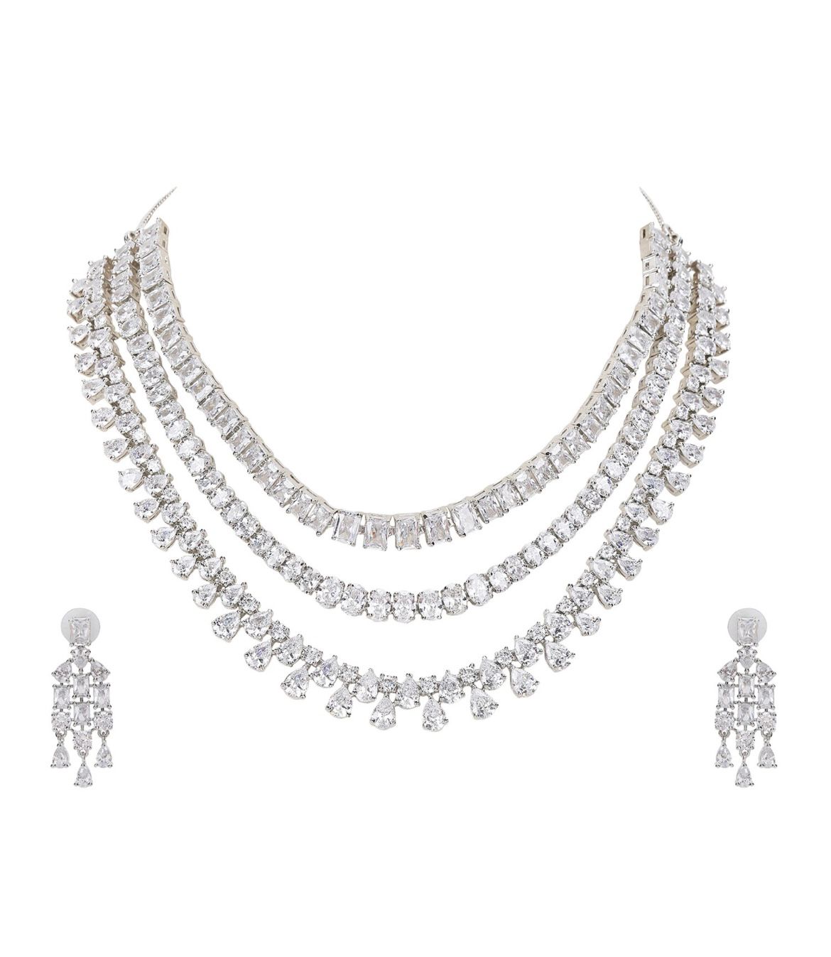 Three Layer American Diamond Necklace with Earrings