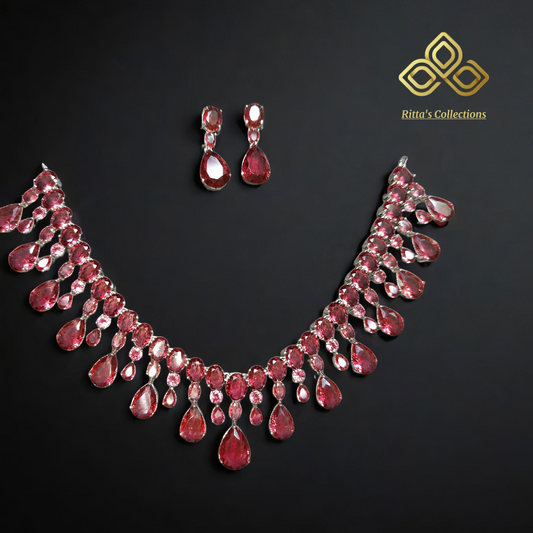 Red American Diamond Necklace with Earrings, Silver Polish