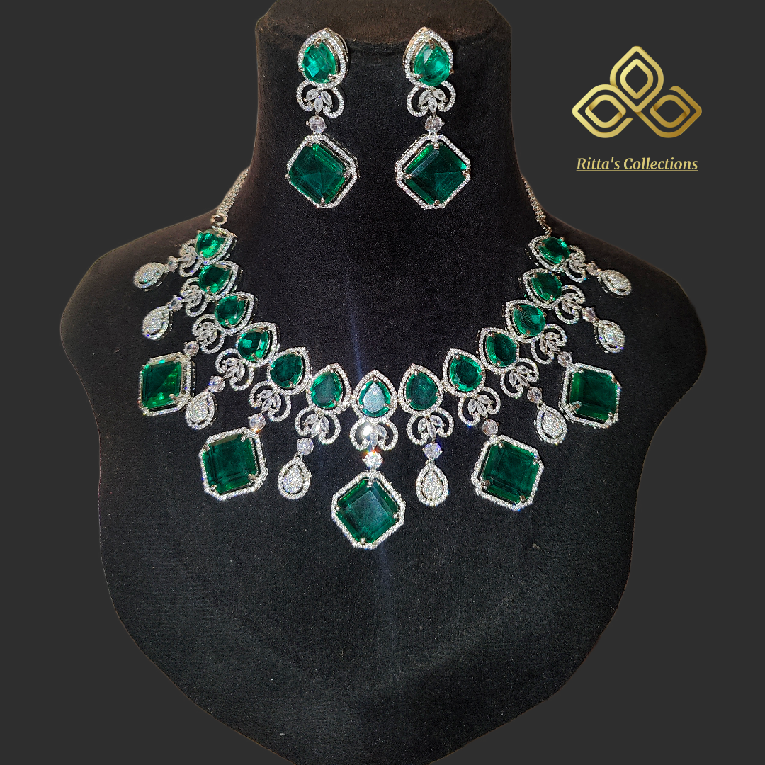 Ritta's Rama Green Colour American Diamond Necklace with Earrings