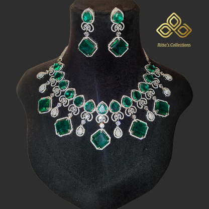 Ritta's Rama Green Colour American Diamond Necklace with Earrings