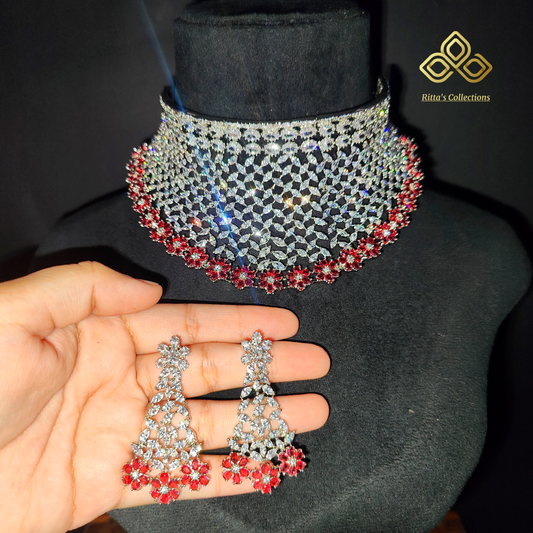 Red American Diamond Chokar With Earrings