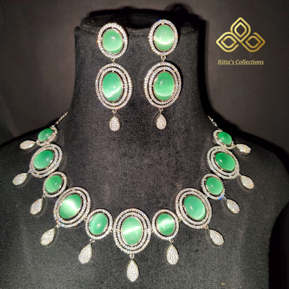 Mint Green American Diamond Necklace with Earrings, swipe for video