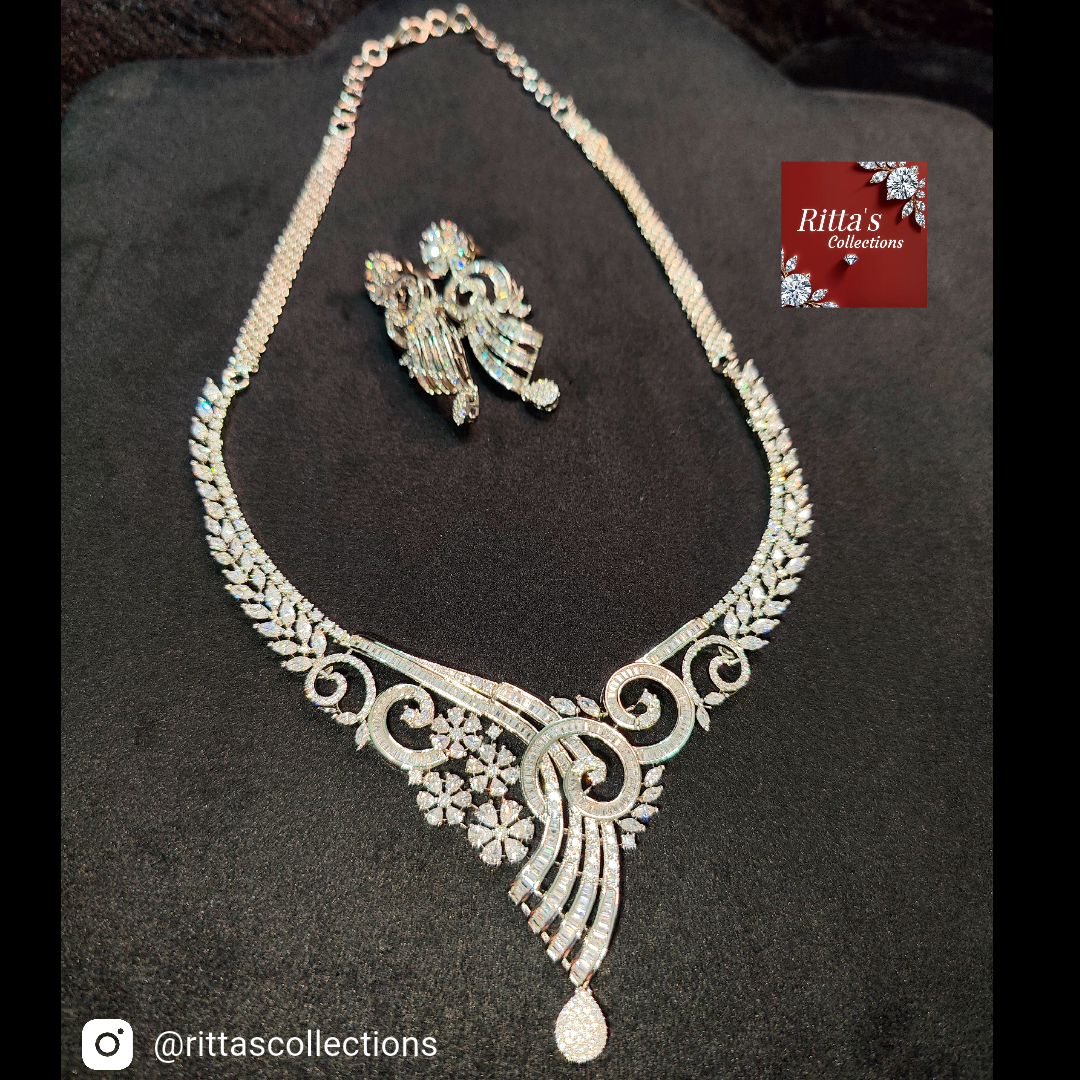 American Diamond Necklace with Earrings, rhodium plated silver polish