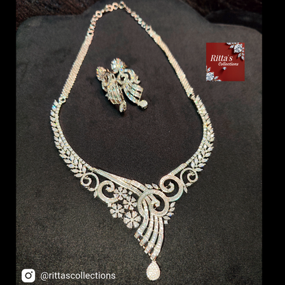 American Diamond Necklace with Earrings, rhodium plated silver polish