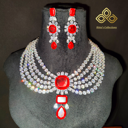 Red Colour 5 Layer American Diamond Necklace with Earrings, AAA Quality Solitaires, swipe for video