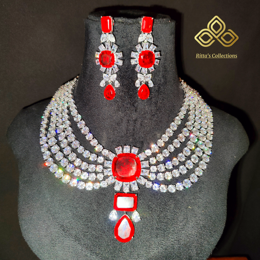 Red Colour 5 Layer American Diamond Necklace with Earrings, AAA Quality Solitaires, swipe for video