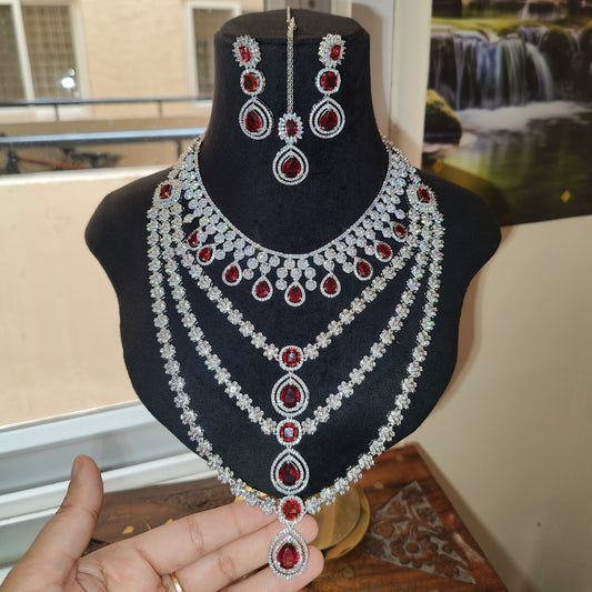 Bridal Red American Diamond Necklace Set with earrings and Maangtikka, swipe for video