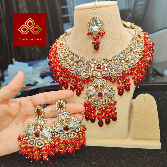 Red & Maroon AD Kundan Necklace with Earrings and Maangtikka