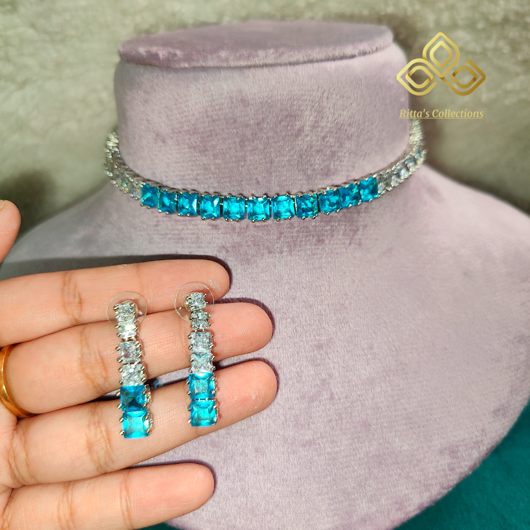 Aqua Blue, Sky Blue Sleek American Diamond Necklace with Earrings
