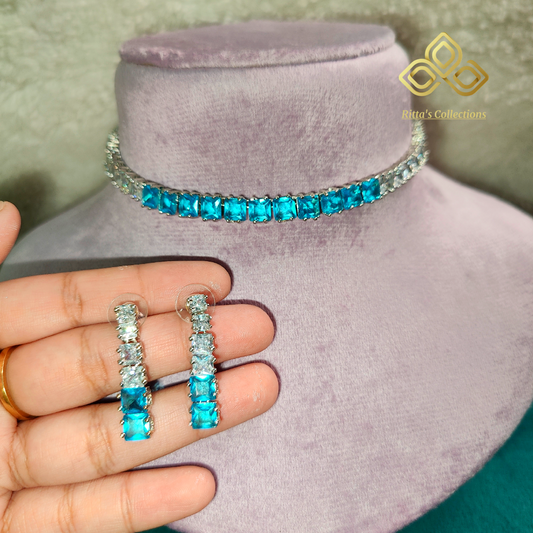 Aqua Blue, Sky Blue Sleek American Diamond Necklace with Earrings