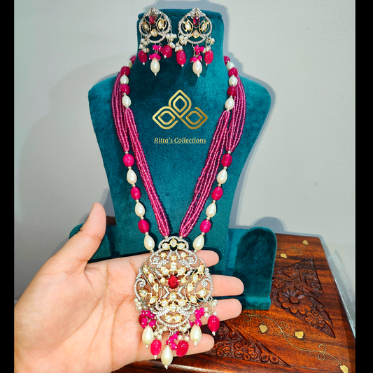 Pink Hydro Beads, Onyx Beads and pearl necklace with earrings