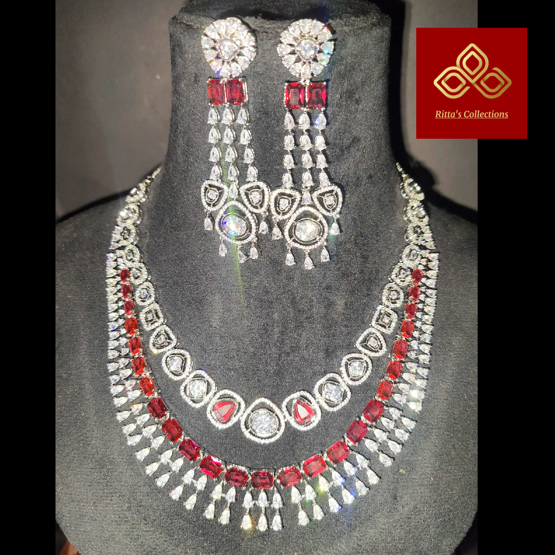 Double Layer Red American Diamond Necklace with Earrings