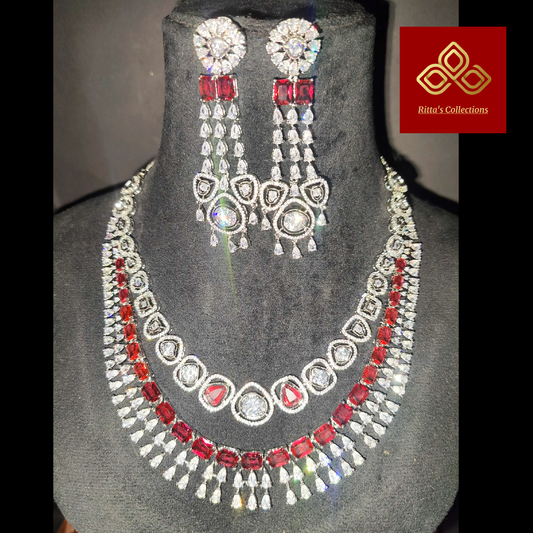 Double Layer Red American Diamond Necklace with Earrings