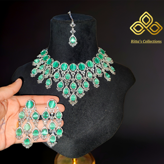 Ritta's Collections Mint Green American Diamond Necklace with Earrings and Maangtikka