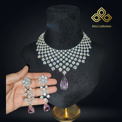 Ritta's Collections Exclusive Blush Pink American Diamond Necklace with Earrings