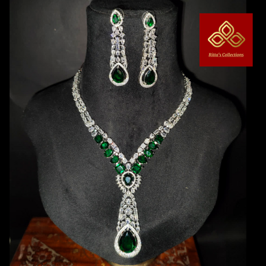 Statement Emerald Green American Diamond Necklace with Earrings