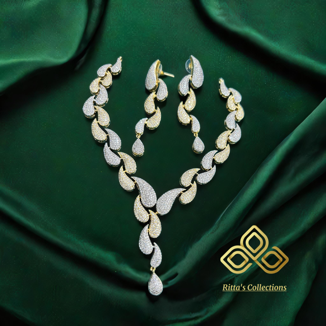 Golden Silver (ganga jamuna) Polish American Diamond Necklace with Earrings