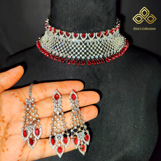 Red American Diamond Chokar with Earrings and Maangtikka