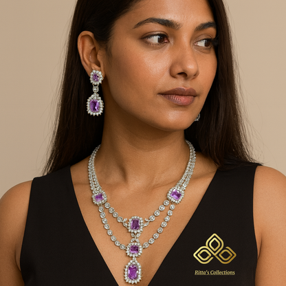 Lavender Purple American Diamond Necklace with Earrings