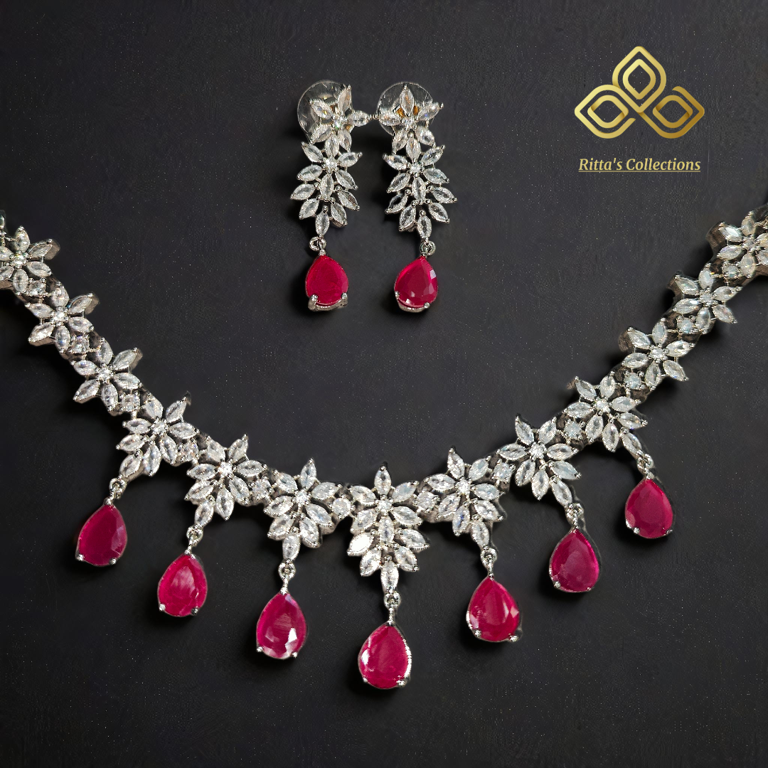 Ruby Pink American Diamond Necklace with Earrings, swipe for video