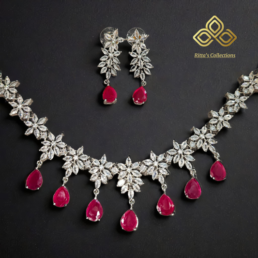 Ruby Pink American Diamond Necklace with Earrings, swipe for video