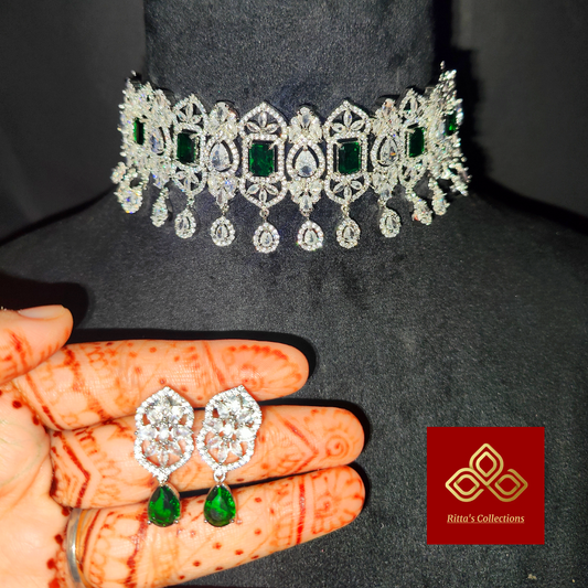 Emerald Green American Diamond Chokar With Earrings