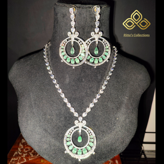 Mint Green American Diamond Necklace with Earrings