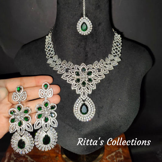 Green American Diamond Necklace with Earrings and Maangtikka