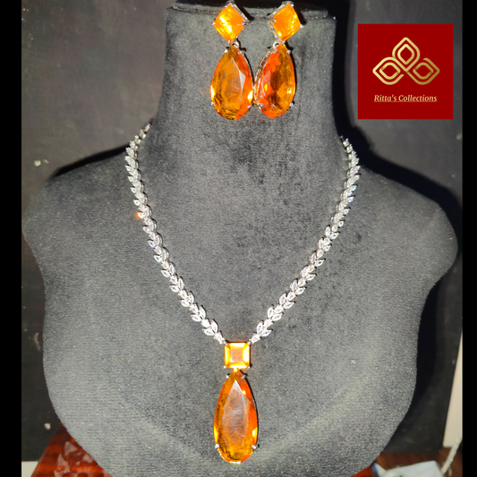 Orange American Diamond Necklace with Earrings