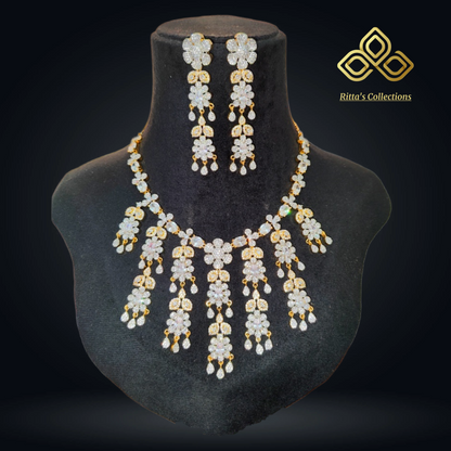 Ivory Favourite, Dual Tone Ganga Jamuna Polish American Diamond Necklace with Earrings