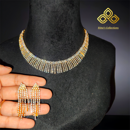 Elegant American Diamond Necklace with Earrings, Ganga Jamuna Golden Polish