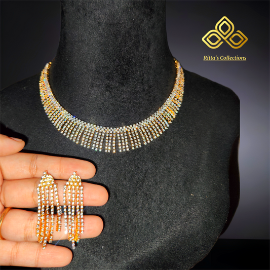 Elegant American Diamond Necklace with Earrings, Ganga Jamuna Golden Polish