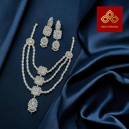 3 Layer Premium AAA Quality American Diamond Necklace with Earrings