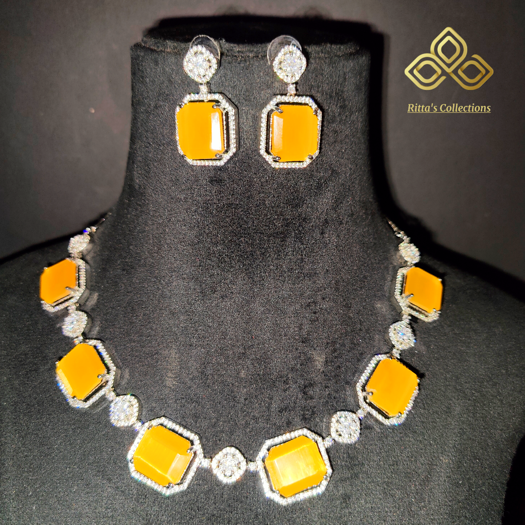 Yellow Monalisa American Diamond Necklace with Earrings