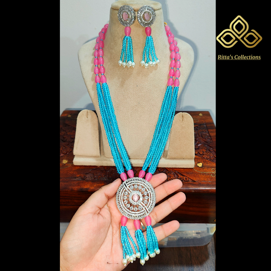 Firozi & Pink Hydro beads, Onyx beads AD Necklace with Earrings