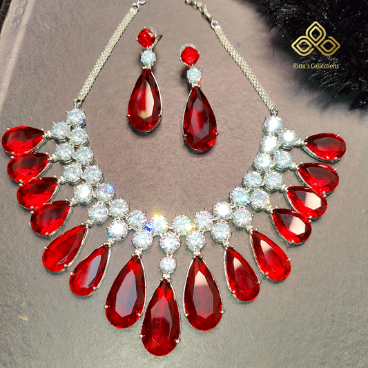 Premium Red American Diamond Necklace with Earrings